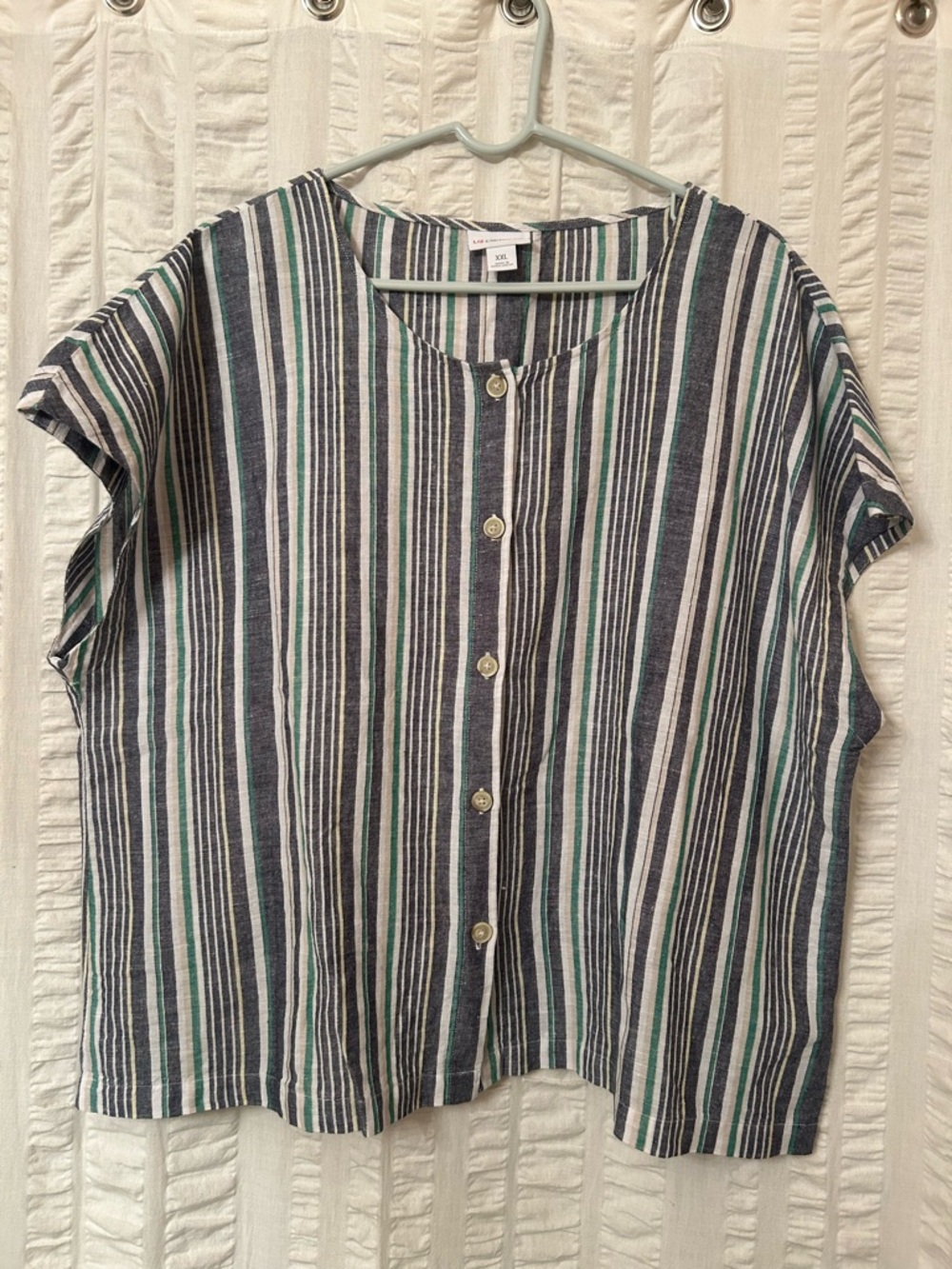 Liz Claiborne Navy, White & Green Striped Button Front Top